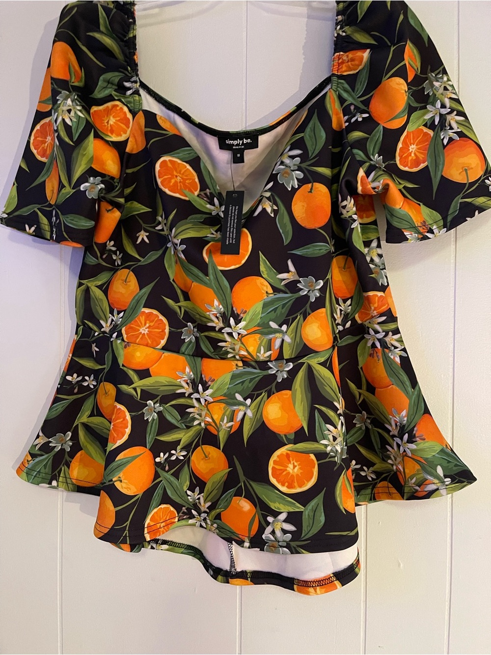 Simply Be Black Peplum Top with Orange & Green Citrus Print